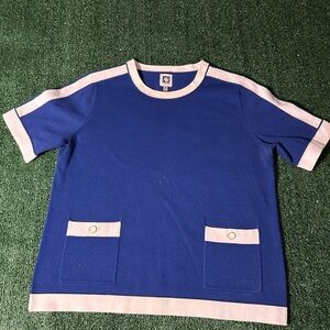 Anne Klein Blue and White Crew Neck Top